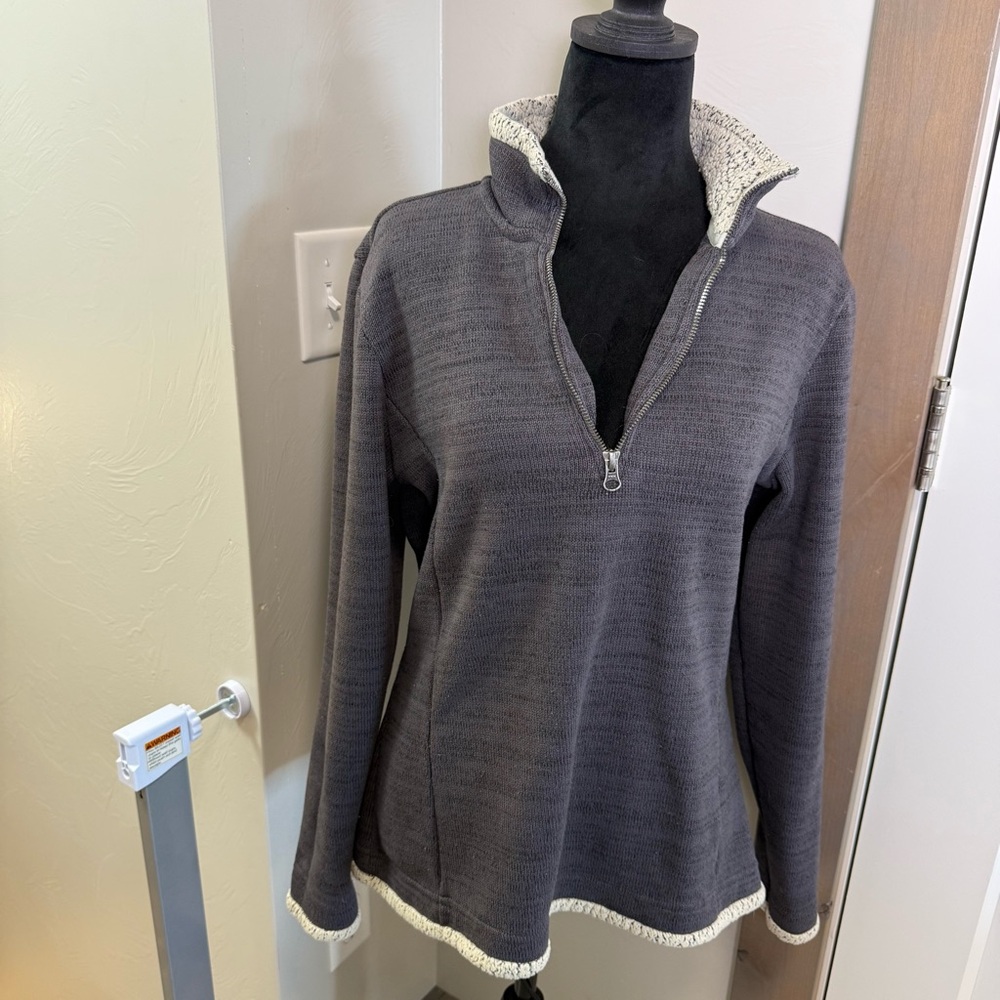 Kuhl Women's Alaska Grey Knit Fleece Trim Sweatshirt Sweater Pullover 1/4 Zip Lg